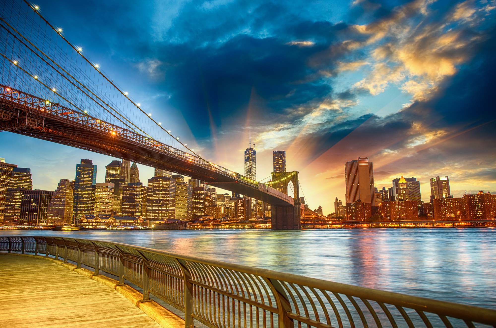 Нью-Йорк ночной город Бруклинский мост